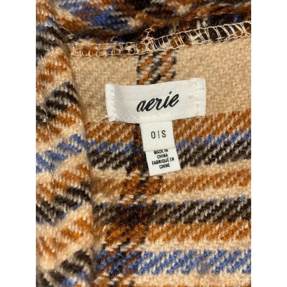 Aerie Hooded Plaid Poncho Shall Women's One Size Tan Toggle Front Closure